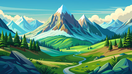Scenic alpine mountain landscape with majestic snow-capped peaks, lush green valleys, pine forests, and a clear blue sky. A peaceful and natural environment perfect for outdoor adventures, vector ill