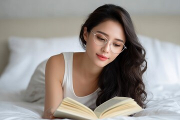 Woman in glasses reading a book lying on a white bed with a white tank top