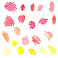 set of strokes with colored pencils on a white background - all the colors of the rainbow, red, orange, yellow