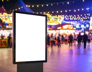 Fototapeta na wymiar Blank Billboard at Night Carnival with Crowds and Bright Lights