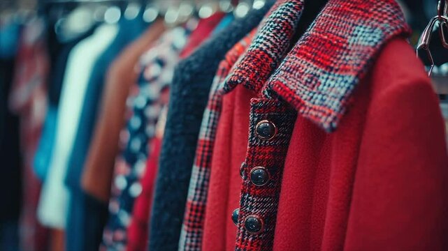 Red and patterned coats hanging in a clothing store