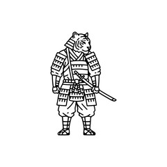 刀を持ち、戦いに備える鎧姿のトラ。力と決意、武士道精神を象徴するミニマル線画アイコン。ファンタジーや文化テーマに最適