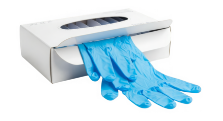 A box of disposable blue nitrile gloves are displayed against a plain background for hygiene.