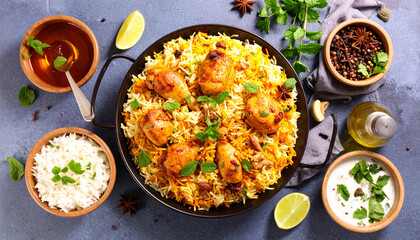 Top View of Hyderabadi Chicken Biryani – Traditional North Indian Dum Biryani Dish