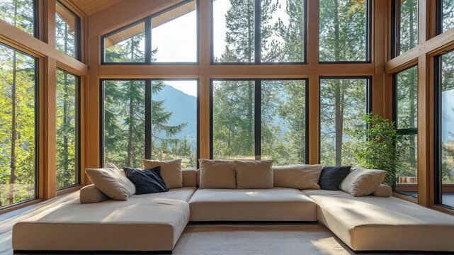 Modern interior with high ceiling, large windows, and cozy beige corner daybed sofa