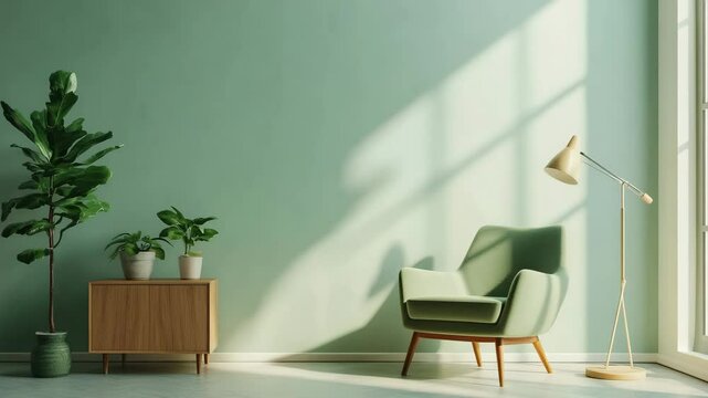 Modern living room blending Scandinavian and mid-century styles with green armchair