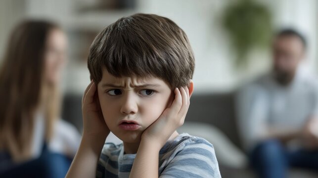 Child Covering Ears While Parents Argue, Concerned Expression - Powered by Adobe
