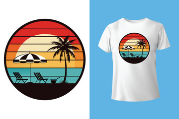 Colorful Summer Beach T-Shirt Design with Relaxing Coastal Scenery, Scenic Beach Landscape Vector for T-Shirts – Paradise Vibes, Ocean and Palm Trees Graphic Tee Design – Summer Holiday Style.