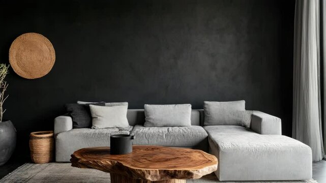 Nomadic-style modern living room with live edge table, grey sofa, and black stucco wall