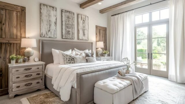 oho French country inspired bedroom interior with rustic decor and soft, modern touches