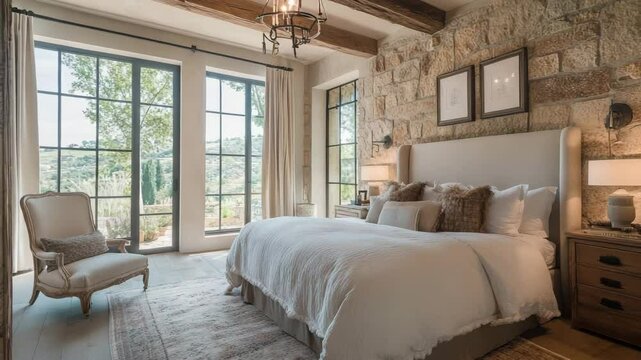 oho French country inspired bedroom interior with rustic decor and soft, modern touches