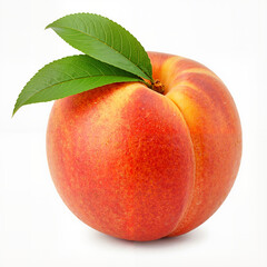 Isolated peach with green leaves on white background