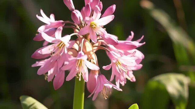 Timelapse of a nerine flower blooming in soft pink tones, with delicate filaments dancing in sunlight, creating an airy and elegant visual. Created with generated AI.