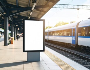 Blank Billboard at Train Station Platform with Approaching Train in Sunlight