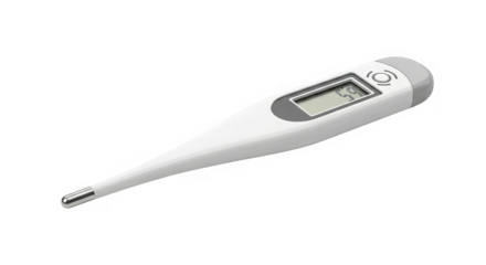 A digital thermometer shows an elevated temperature reading suggesting illness or fever is present