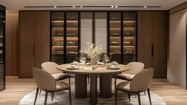Scandinavian modern dining room with round table and minimalist decor