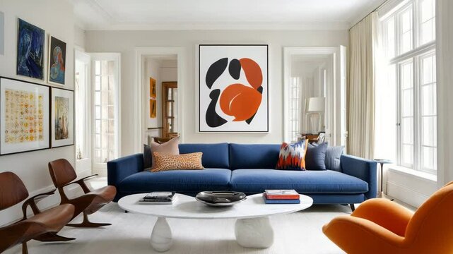 Scandinavian modern living room with blue sofa, orange lounge chair, and white wall art