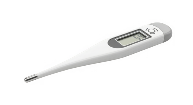 A digital thermometer shows an elevated temperature reading suggesting illness or fever is present - Powered by Adobe