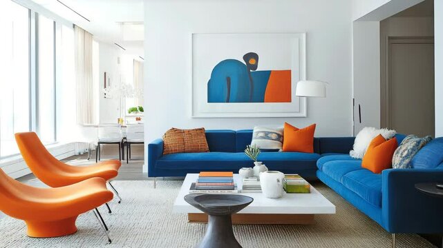 Scandinavian modern living room with blue sofa, orange lounge chair, and white wall art