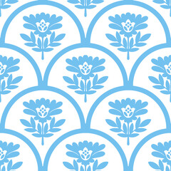 Scalloped arches floral seamless pattern. Hand drawn geometrical symmetrical flowers in blue and white colors. Scallop half circle repeat botanical ornament for wallpaper, textile and fabric print