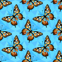 A seamless pattern of stylized butterflies, the design on the wings of which is made in the form of triangles.