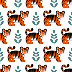 A seamless pattern of cute little tigers and plants.