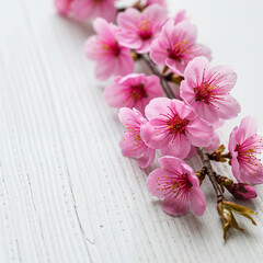 Cherry branch on white wood background, natural rustic still life