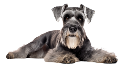 Schnauzer dog in relaxed position on isolated transparent background.
