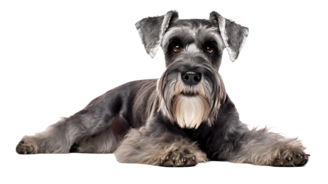 Schnauzer dog in relaxed position on isolated transparent background.
 - Powered by Adobe