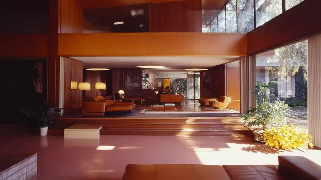 Stylish living space with brown leather seating and fireplace in a mid-century modern home interior