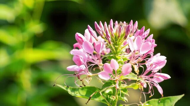 Timelapse of a nerine flower blooming in soft pink tones, with delicate filaments dancing in sunlight, creating an airy and elegant visual. Created with generated AI.