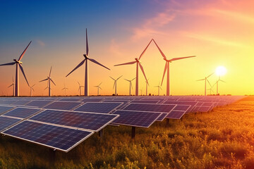 Solar Farm and Wind Turbines at Sunset Showcasing Renewable Energy Sources