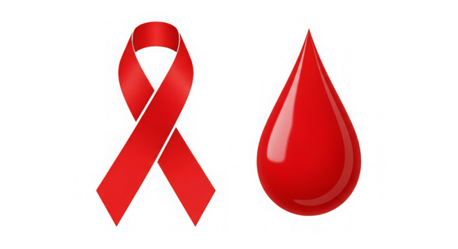 A red ribbon and a blood drop are symbols on black backdrop, standing for awareness and support.