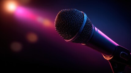 Obraz premium Stage microphone glowing under vibrant lights, capturing the essence of live performance energy