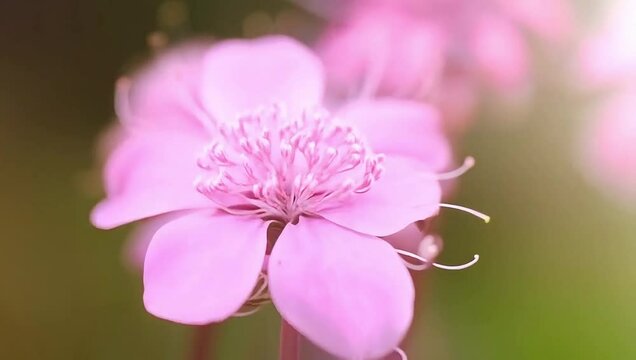 Timelapse of a nerine flower blooming in soft pink tones, with delicate filaments dancing in sunlight, creating an airy and elegant visual. Created with generated AI.