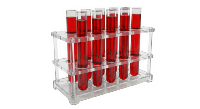 A rack of glass test tubes filled with red liquid is centered and clinical illustration.