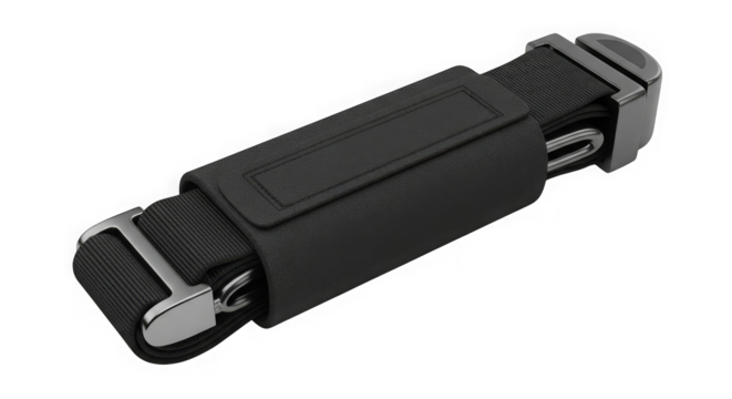 A sleek, black adjustable strap with metallic buckle is organized in a holder on dark backdrop.