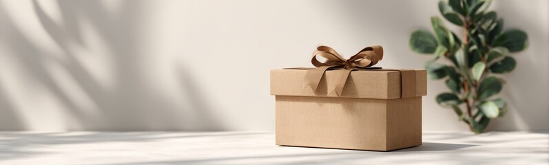 Elegant gift box wrapped with brown ribbon on white table