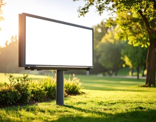 Blank billboard in a sunlit park surrounded by lush greenery and trees