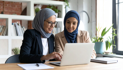 Two Happy Muslim Female Employees Collaborating in Modern Office Environment