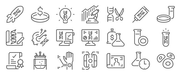 Biotech Startup Icon Set. It included science, business, innovation, medical and more icons. Editable Vector Stroke.