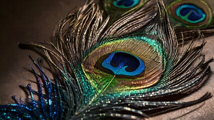 Obraz premium A Peacock's Feather with Iridescent Blue Eye in Closeup Against a Softly Illuminated Background