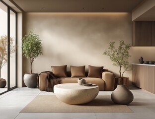 Modern minimalist kitchen with natural wood furniture and neutral tones, ideal for real estate advertising, interior design blogs, and furniture e-commerce visuals.