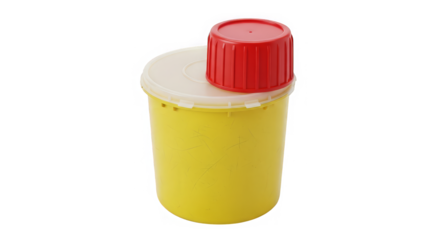 A yellow plastic container with a white lid and red cap, set against a digitally altered background.