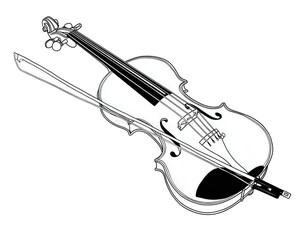 Obraz premium Simple line drawing of an old violin with bow, vector illustration on white background, png, transparent