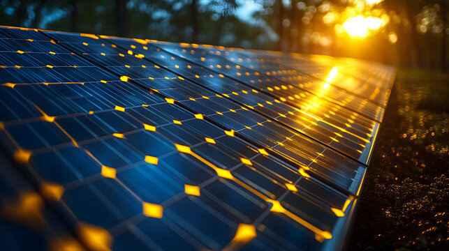 Blue grid illustration of solar panel technology with sun light and pattern