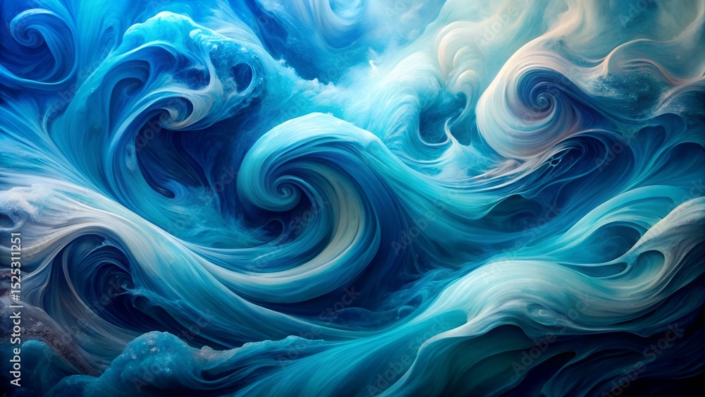 Poster abstract blue background with dynamic water-like waves, light, and swirling textures creating an art