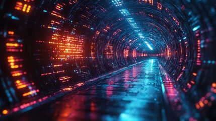 Obraz premium Futuristic Neon Tunnel Corridor Abstract Digital Sci Fi Data Stream Background