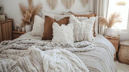 Serene bedroom scene featuring bohemian elements and textured layers of comfort