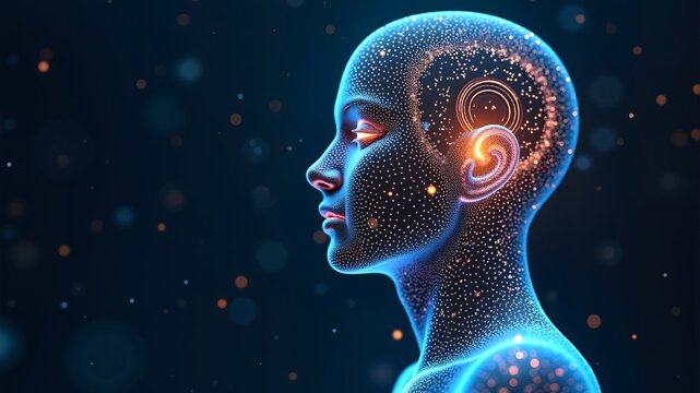 Futuristic human head made of glowing wireframe mesh in digital space, data and technology, innovation, artificial intelligence concept			
